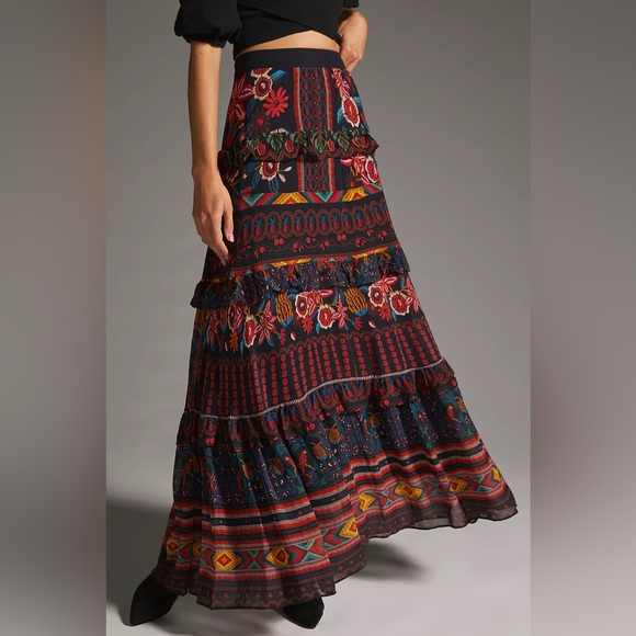 Farm Rio Garden Print Tiered Maxi Skirt, Size S - Picture 3 of 12